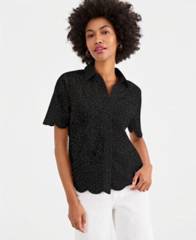 I.N.C. International Concepts Women's Crystal Embellished Short-Sleeve Button-Down Shirt, Macy's Exclusive