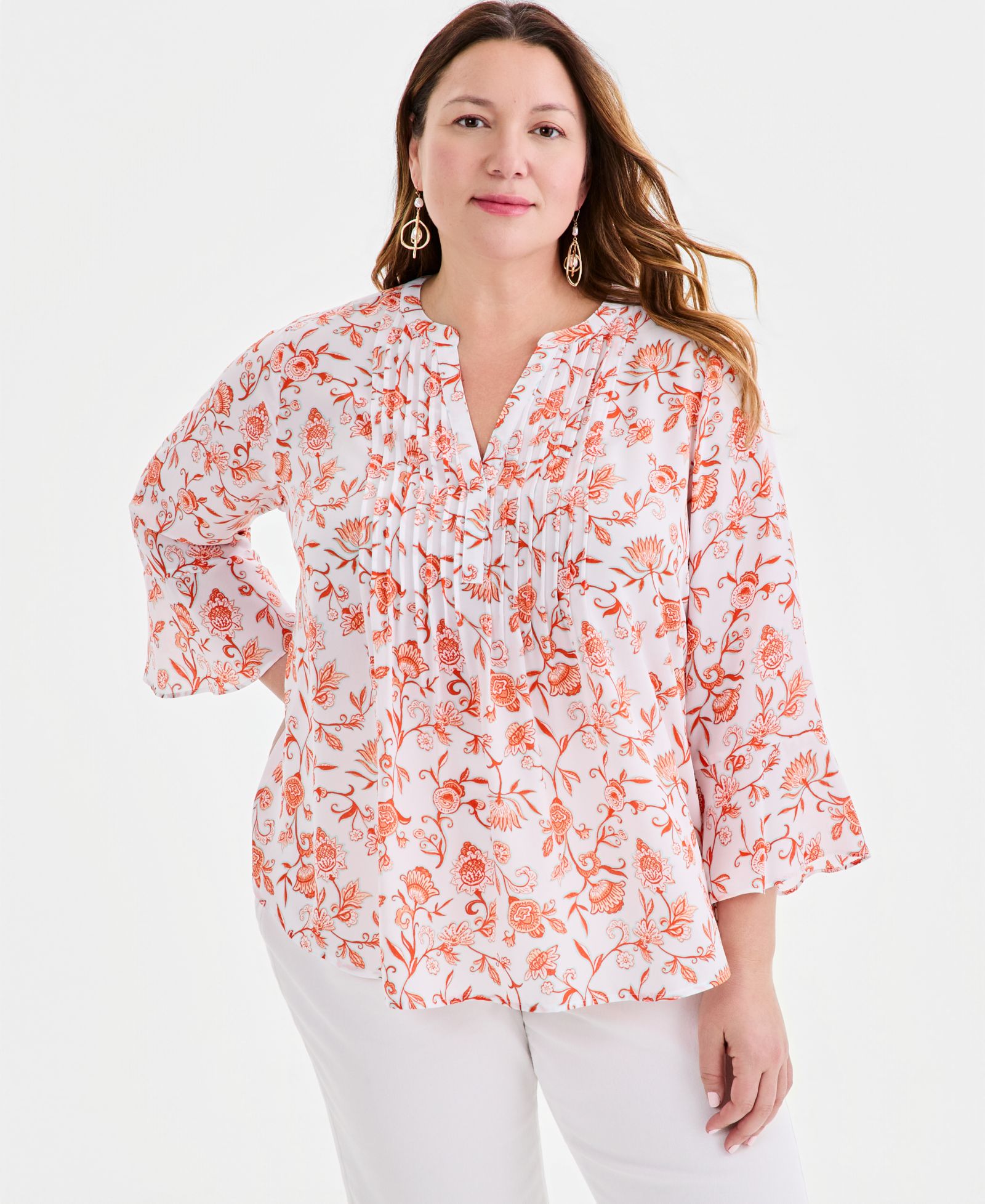 Style & Co Plus Size Printed Pintuck Bell-Sleeve Top, Macy's Exclusive