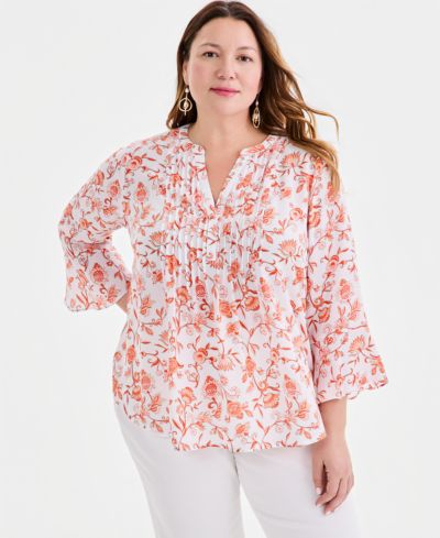 Женский топ Plus Size Style & Co Printed Pintuck Bell-Sleeve