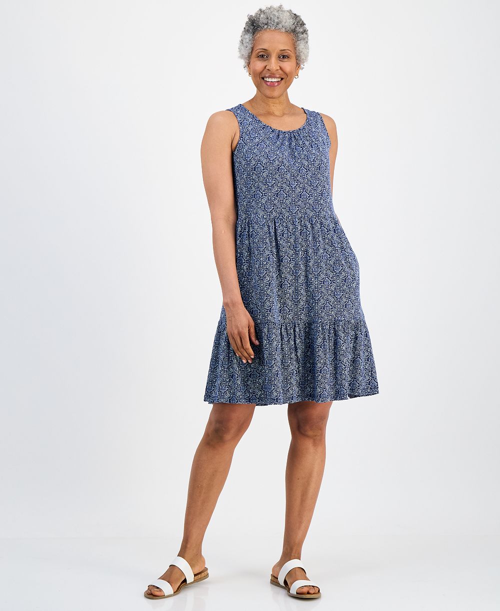 Style & Co Petite Printed Round-Neck Tiered Tank Dress, Macy's Exclusive
