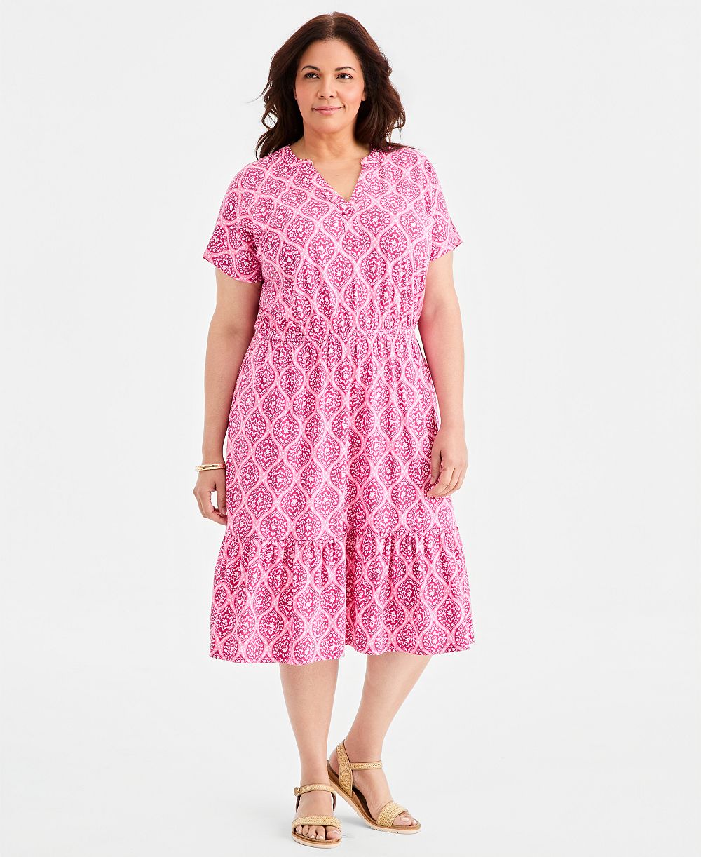 Style & Co Plus Size Printed Split-Neck Tiered Midi Dress, Macy's Exclusive
