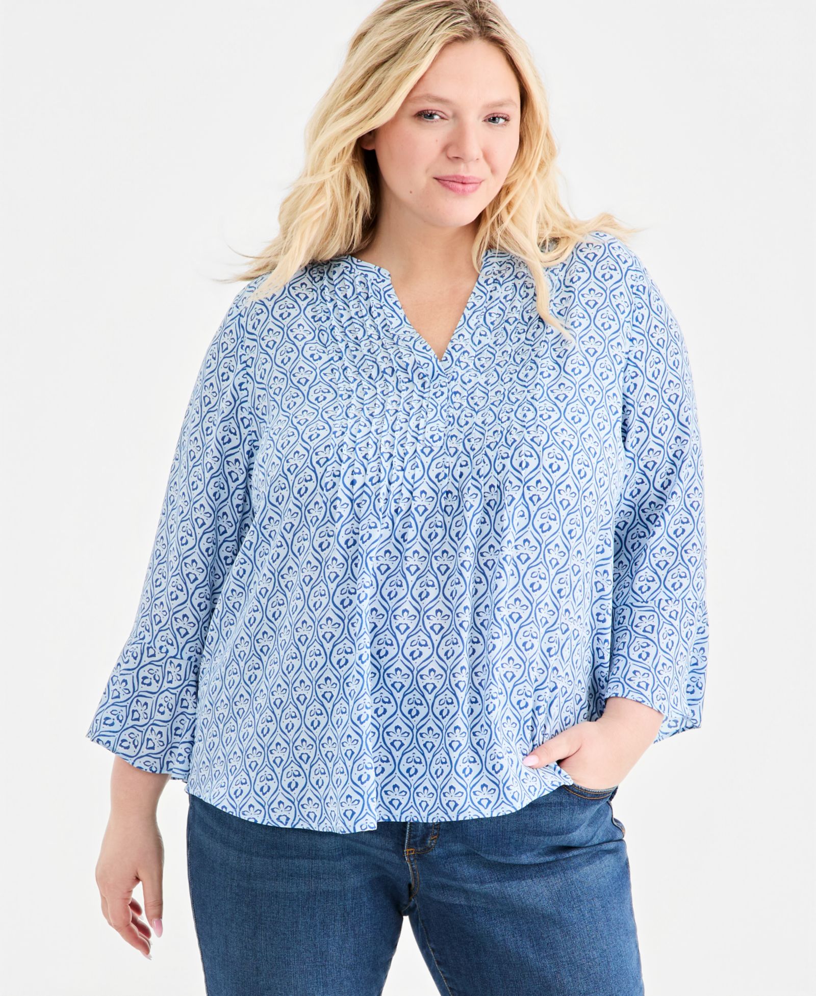Style & Co Plus Size Printed Pintuck Bell-Sleeve Top, Macy's Exclusive