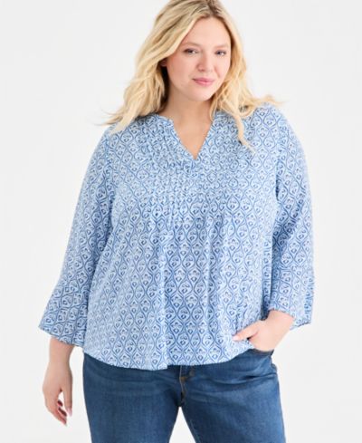 Style & Co Plus Size Printed Pintuck Bell-Sleeve Top, Macy's Exclusive