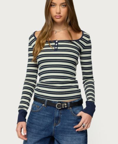 Edikted Women's Jaida Striped Henley Top