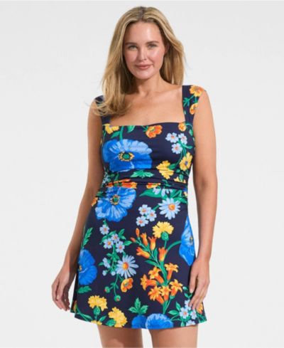 Женское платье-купальник Lands' End Plus Size NEW Smoothing Square Neck Ruched Swim Dress
