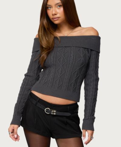 Edikted Women's Leta Off Shoulder Cable Knit Sweater