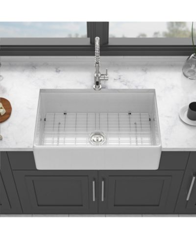 flynama 33x18x10inch White Porcelain Ceramic Single Bowl Reversible Design Kitchen Sink with Stainless Steel Accessories