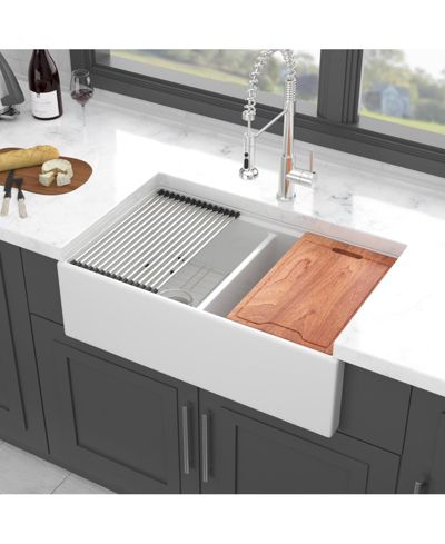 flynama кухонная мойка flynama 33x20x10inch, двойная чаша из белого фарфора, с аксессуарами