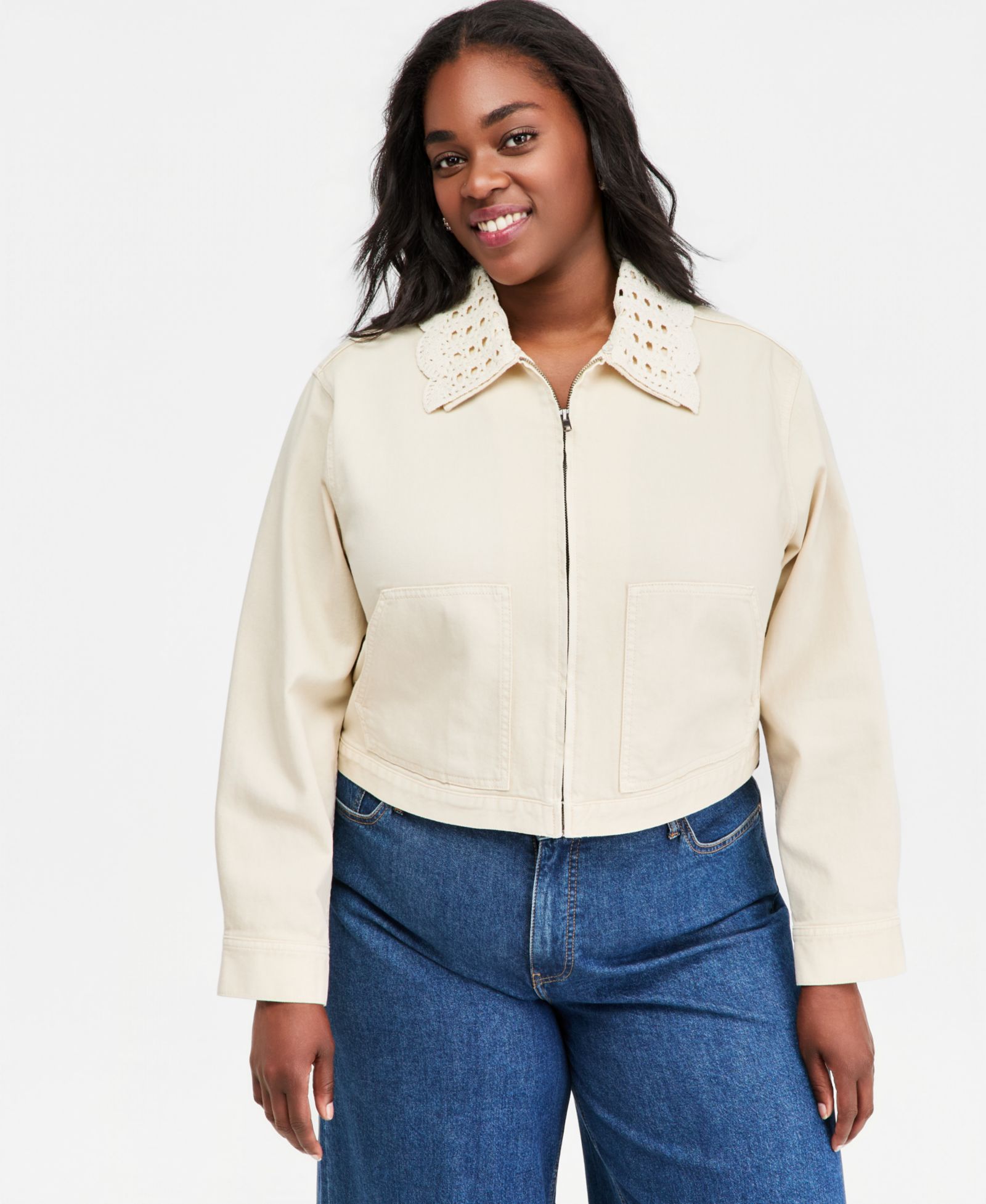 On 34th Plus Crochet Collar Cropped Denim Jacket джинсовая куртка Plus size