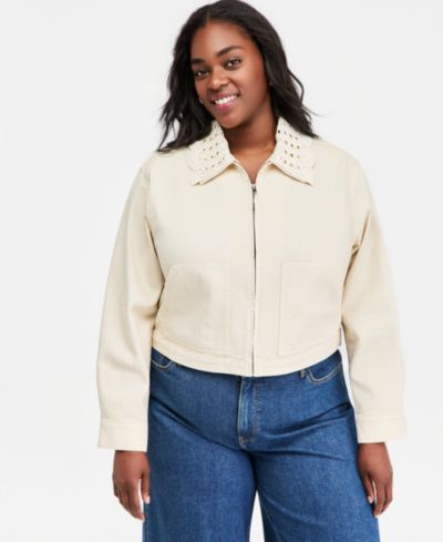 On 34th Plus Crochet Collar Cropped Denim Jacket, Macy's Exclusive