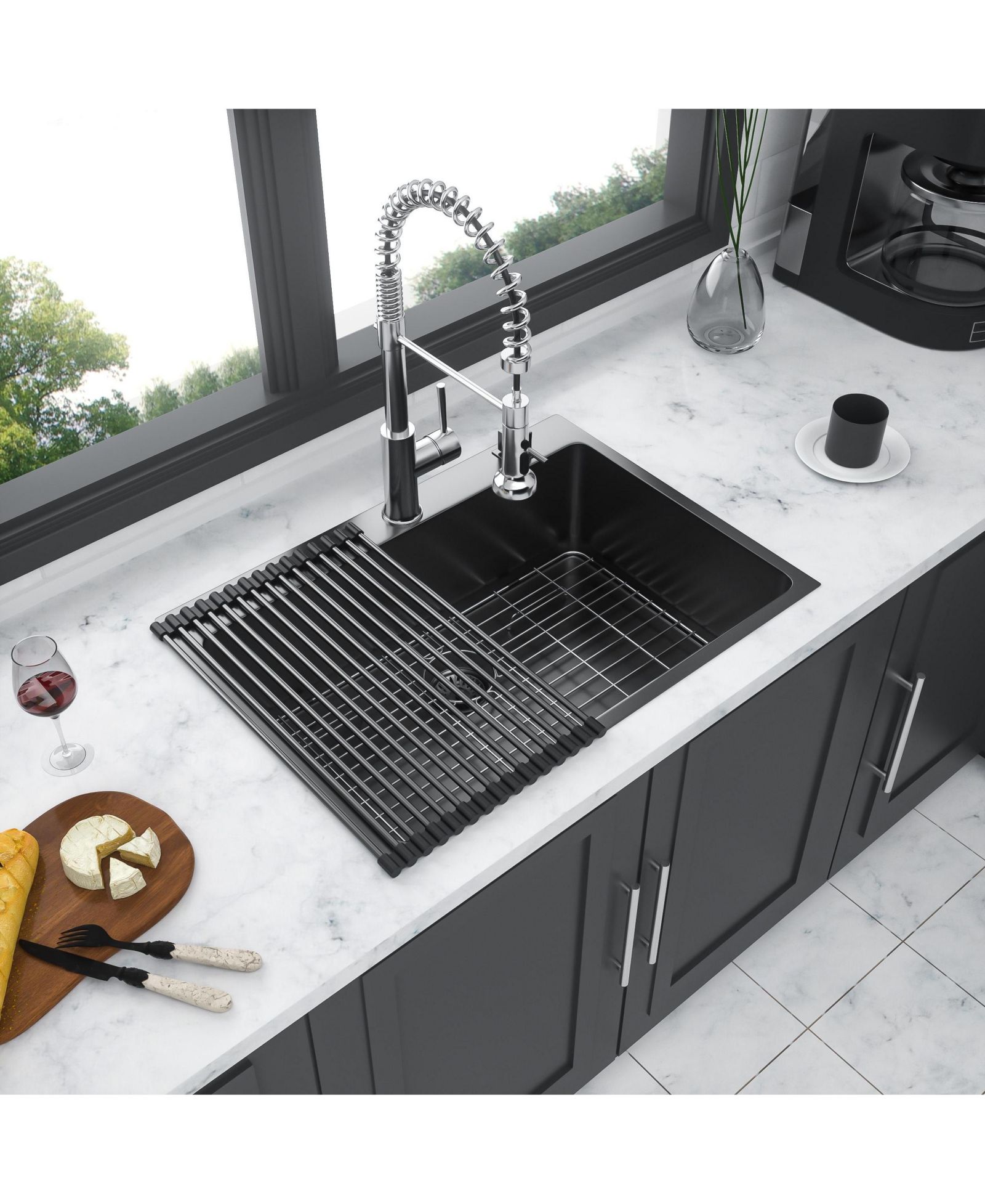 Flynama Gunmetal Black Single Bowl Topmount Kitchen Sink 16 Gauge T304 Nano Stainless Steel с решеткой для сушки