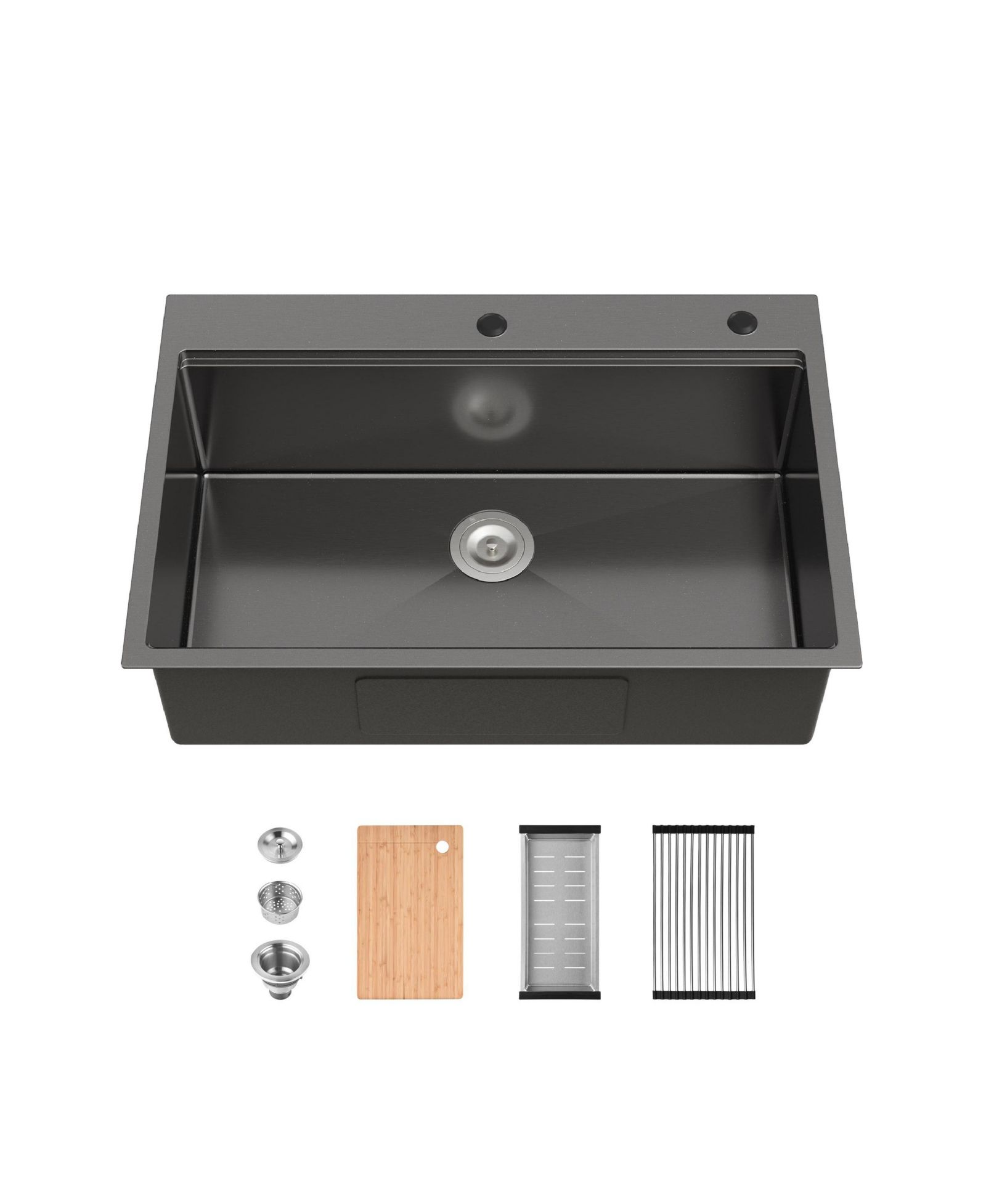 flynama 33inch Overmount Single Bowl Black 304 Stainless Steel Handmade Kitchen Sink with Cutting Board and Colander