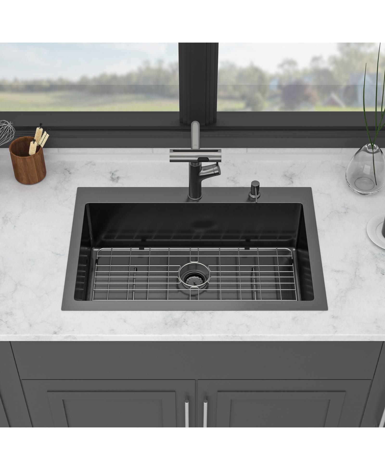 flynama huluwat 30x22x10inch Gunmetal Black Kitchen Sink with Pull Out Faucet Soap Dispenser Stainless Steel