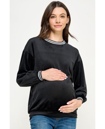 Hello Miz Women's Velvet Striped Neckline Long Sleeve Maternity Sweatshirt Top