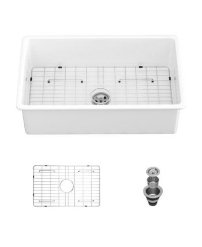 flynama huluwat 32x19x10inch White Fireclay Kitchen Sink Undermount Single Bowl Dual Mount Deep Basin