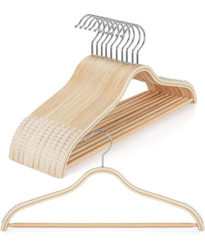 BP4U Lightweight Clothes Hangers with Pants Bar, Slim Birch Wood Hangers for Suits, Coats, Trousers, Shirts, Sweaters, Dresses