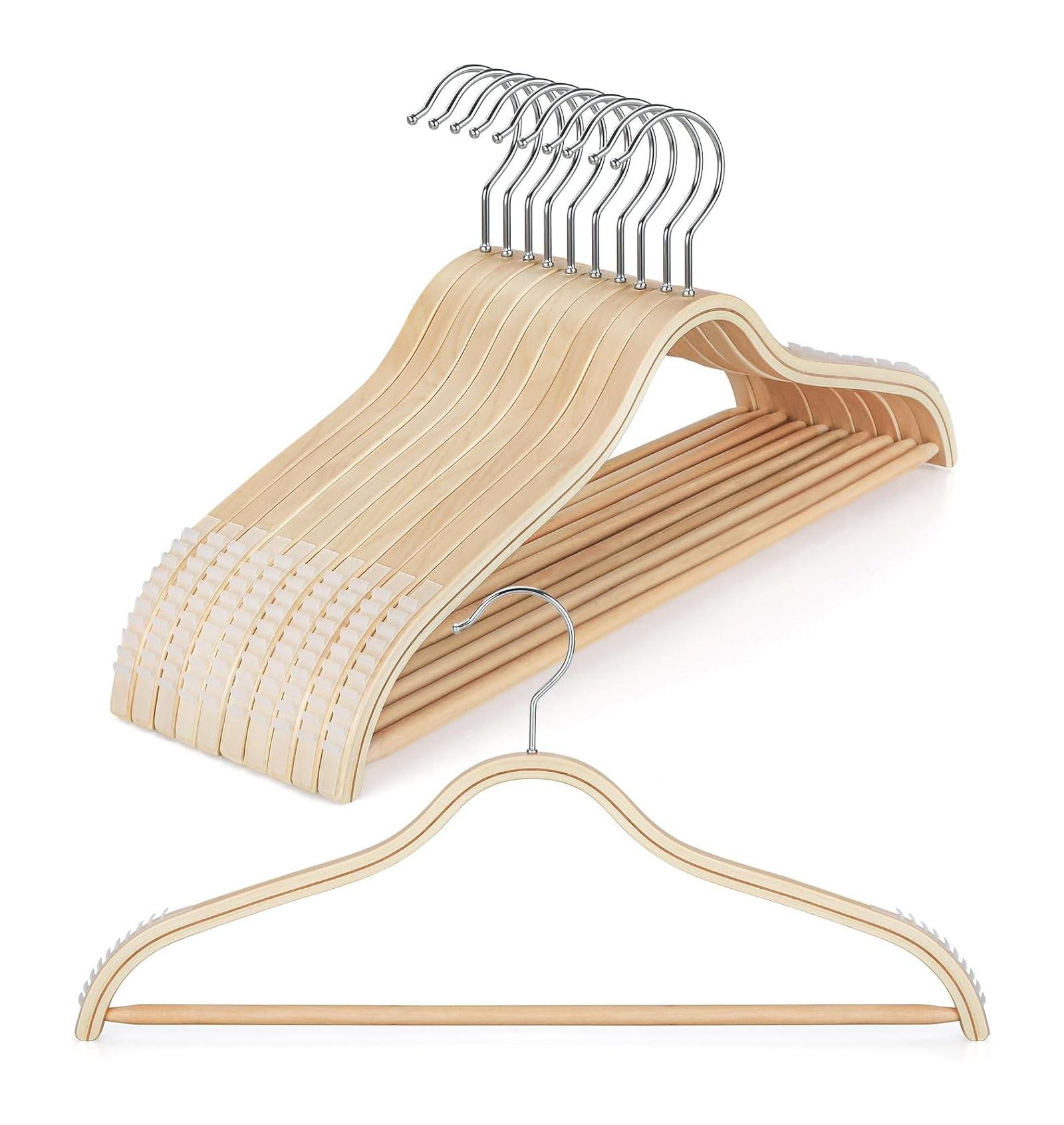 BP4U Lightweight Clothes Hangers with Pants Bar, Slim Birch Wood Hangers for Suits, Coats, Trousers, Shirts, Sweaters, Dresses