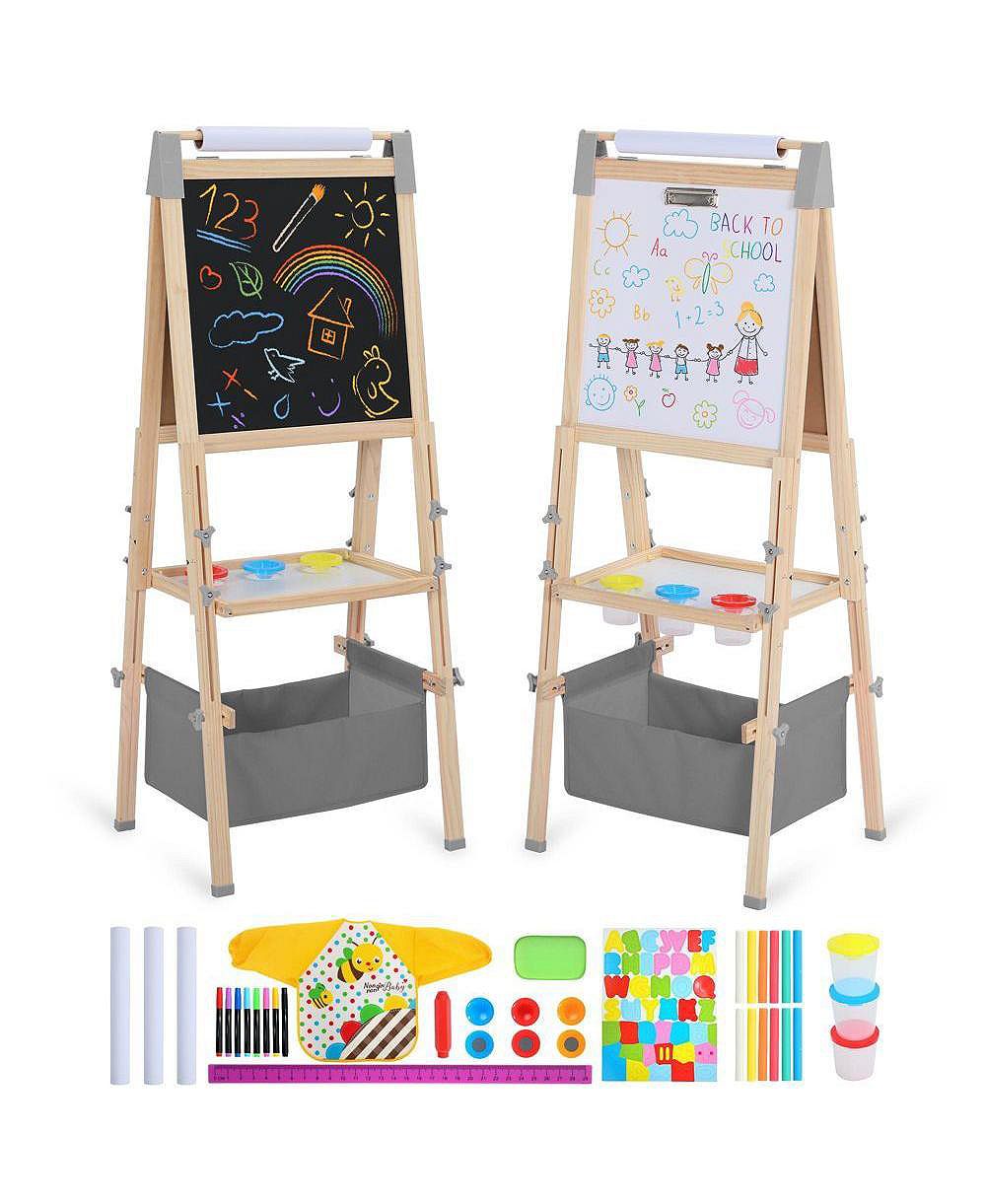 Kinder King 3 in 1 Kids Art Easel Set, Dual-Sided Art Station w/Whiteboard and Chalkboard