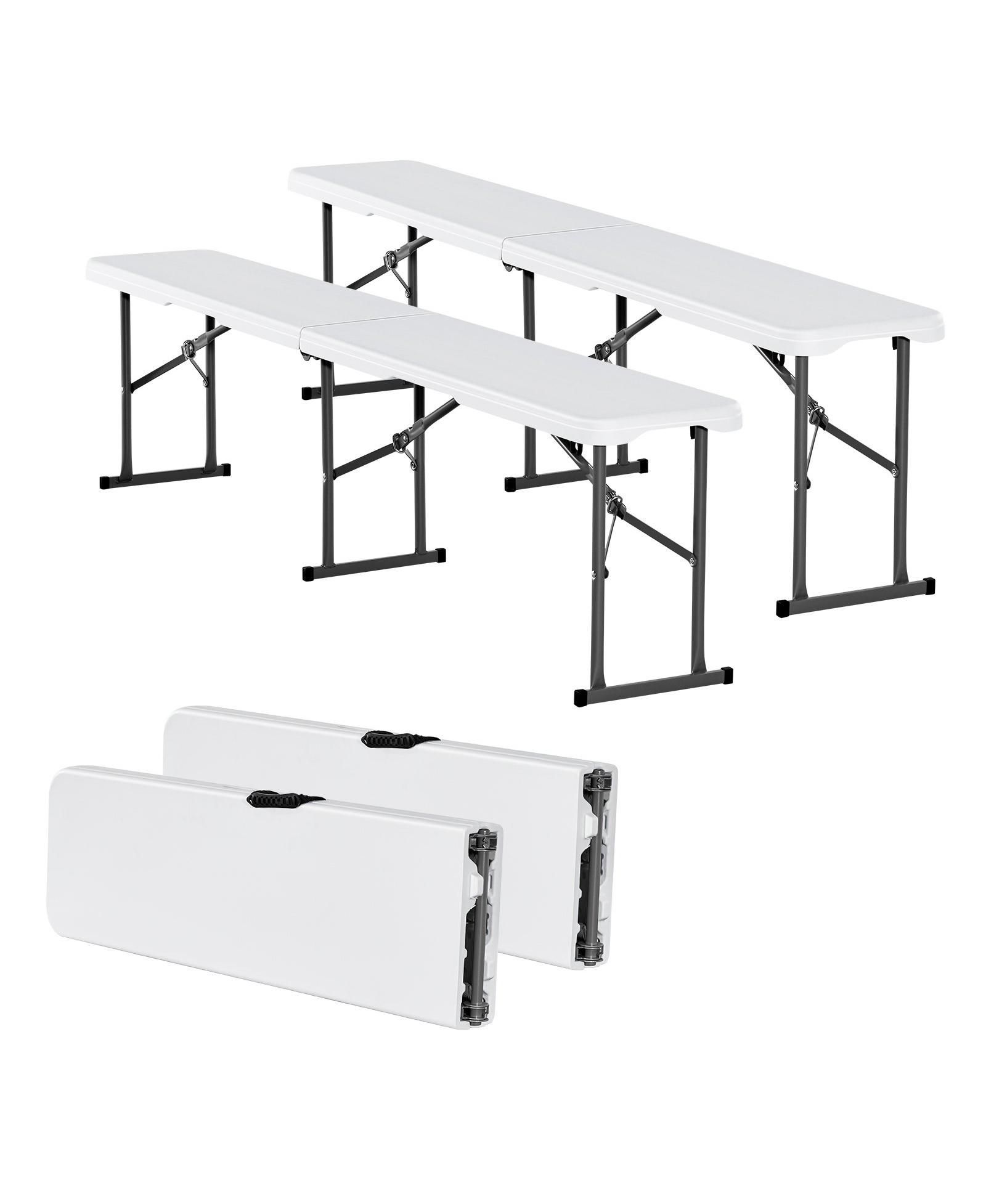 Mecale Plastic Folding Bench, 6 ft Portable Foldable HDPE Bench for Indoor Outdoor Picnic, Patio, Camping and Events, 2 Pack, White