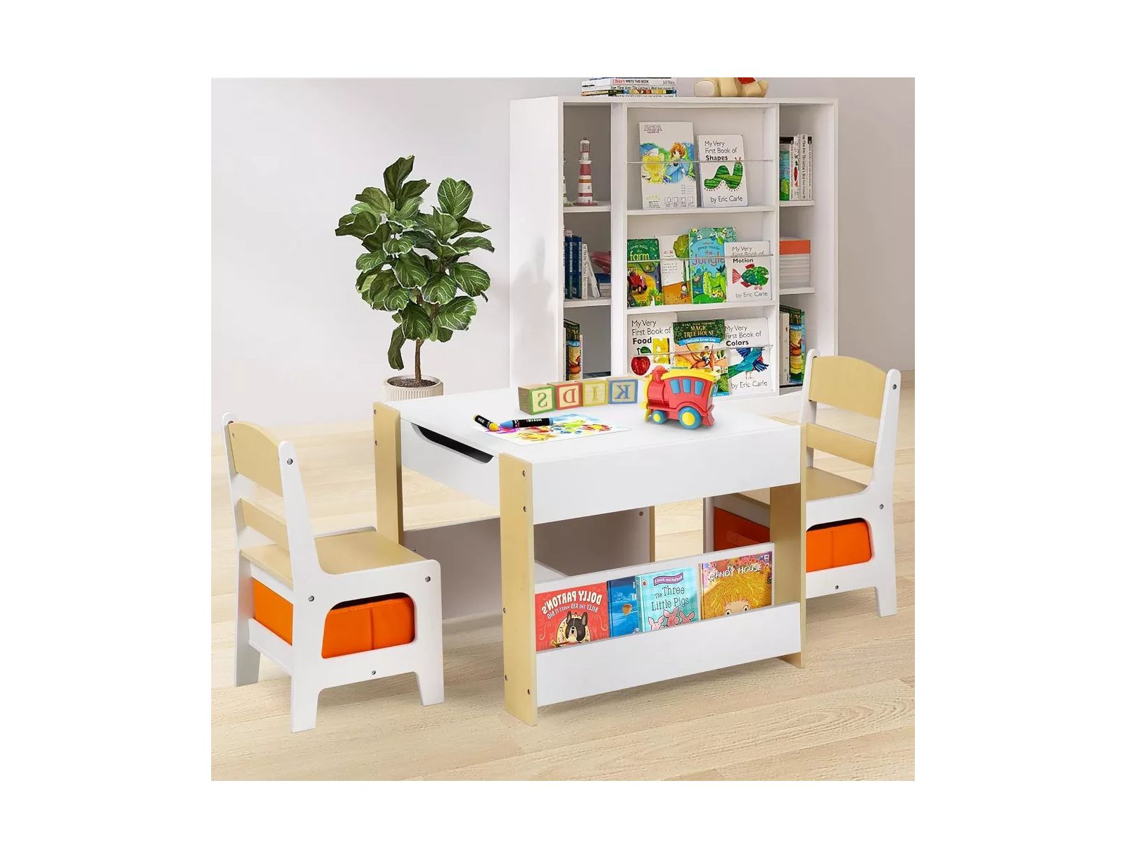 Детский игровой стол Kinder King 3-in-1 с 2 стульями, системой хранения и меловой доской