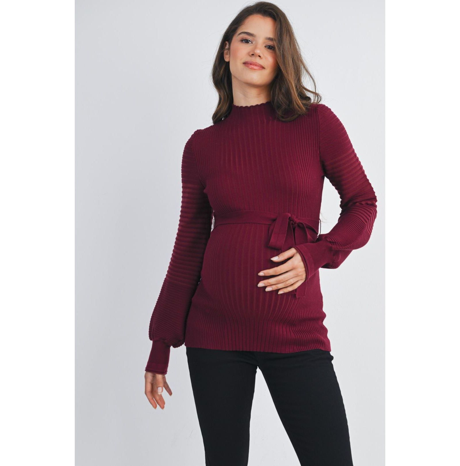 Hello Miz Maternity Mock Neck Long Sleeve Belted Sweater