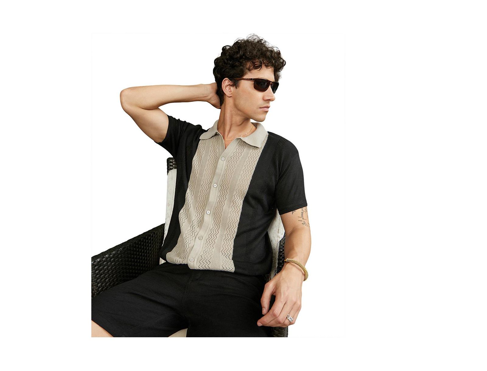 Campus Sutra Men's Sand Beige & Onyx Black Block-Knit Slim-Fit Shirt