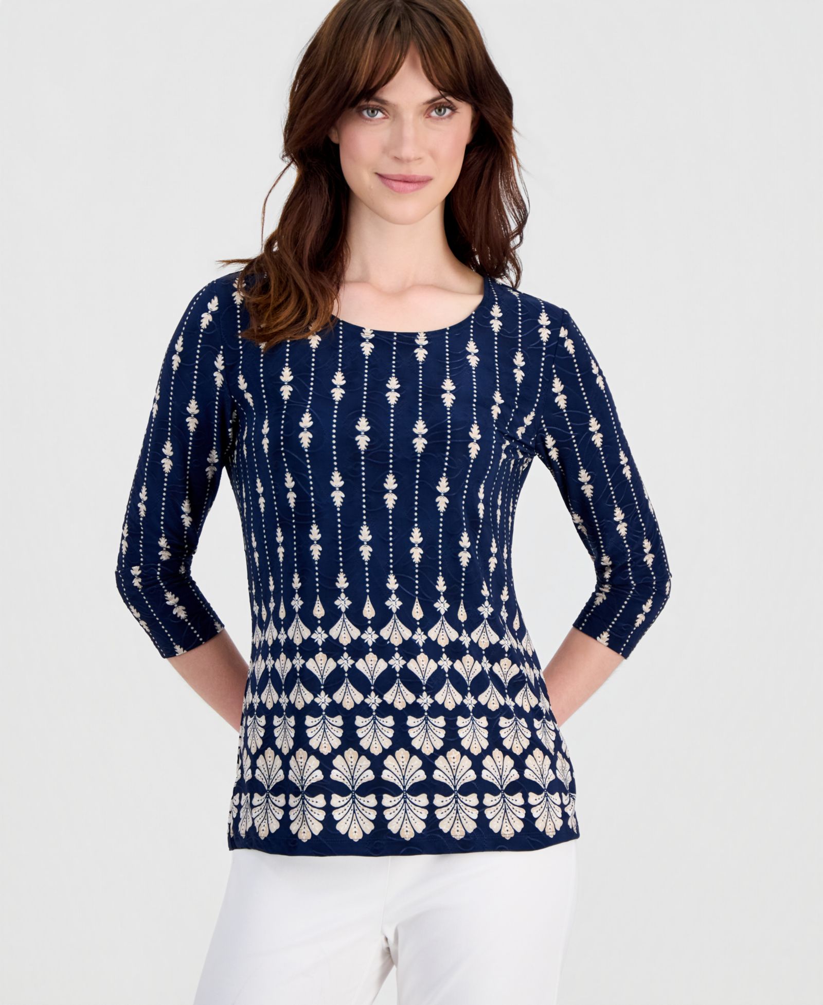 JM Collection Women's Printed 3/4-Sleeve Scoop-Neck Jacquard Top, Macy's Exclusive