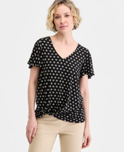 JM Collection Women's Printed Short-Sleeve V-Neck Twist-Front Top, Macy's Exclusive