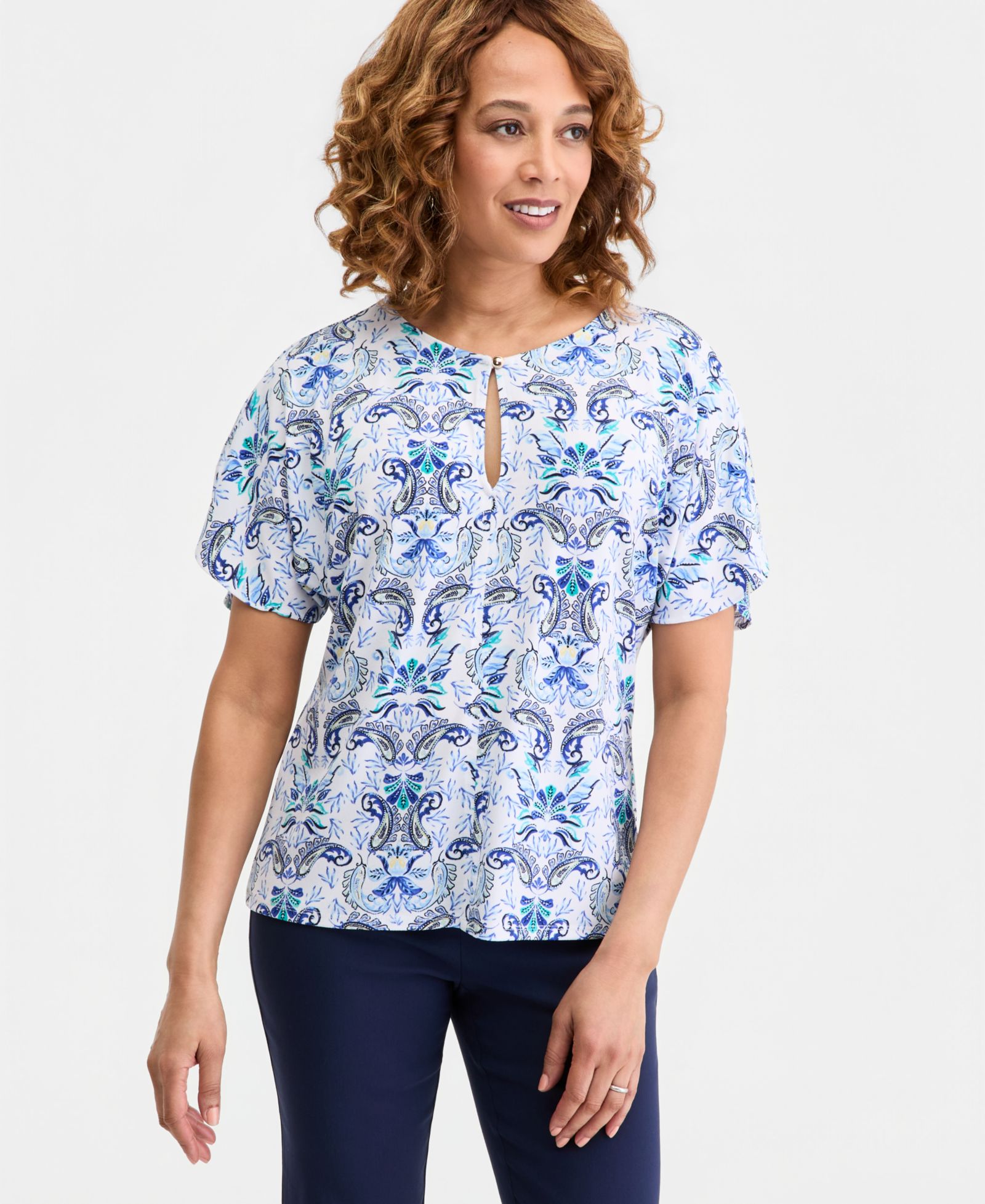 JM Collection Women's Short Dolman-Sleeve Printed Keyhole Knit Top, Macy's Exclusive