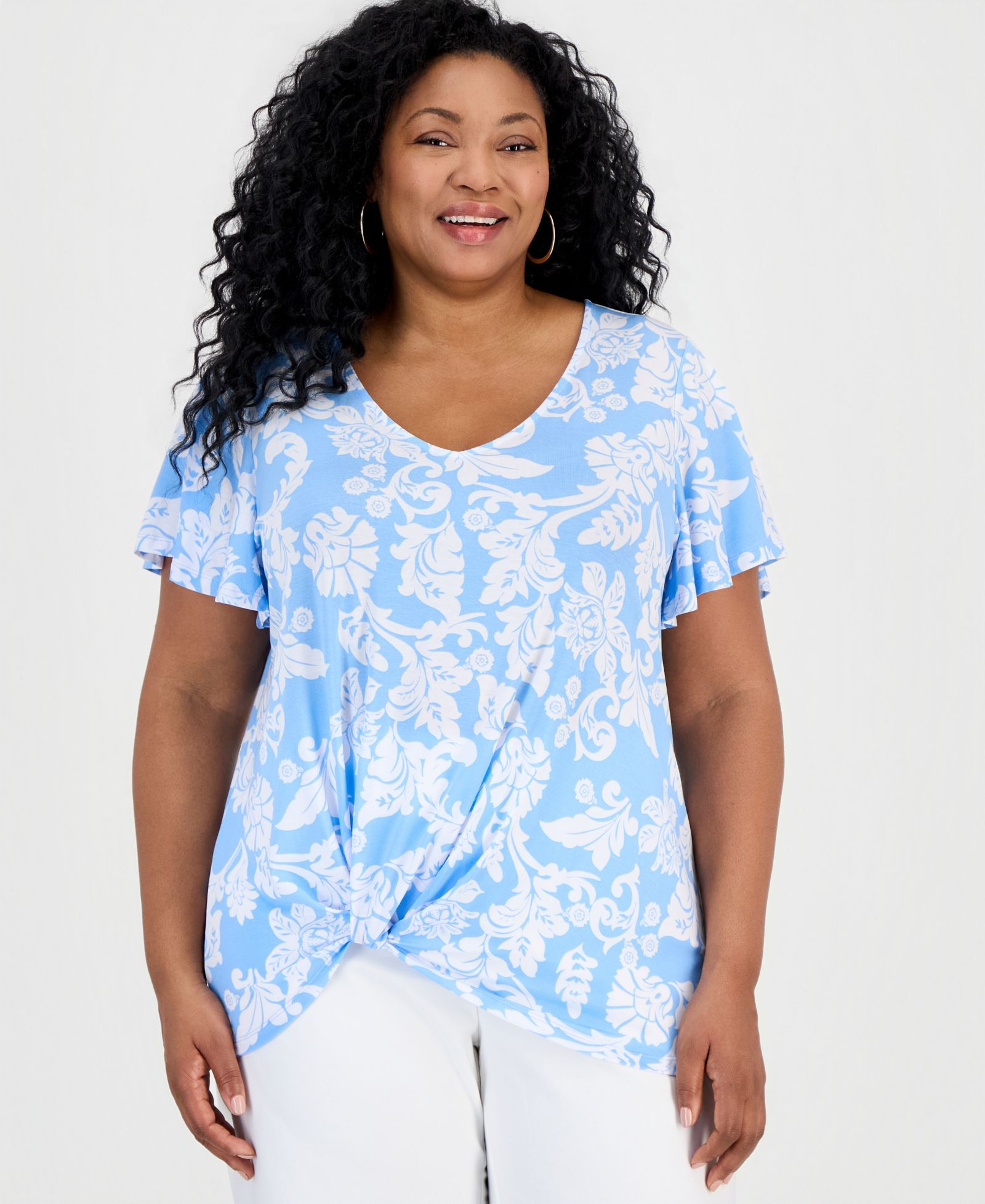 JM Collection Plus Size Sicily Scroll топ с V-образным вырезом и расклешенными рукавами