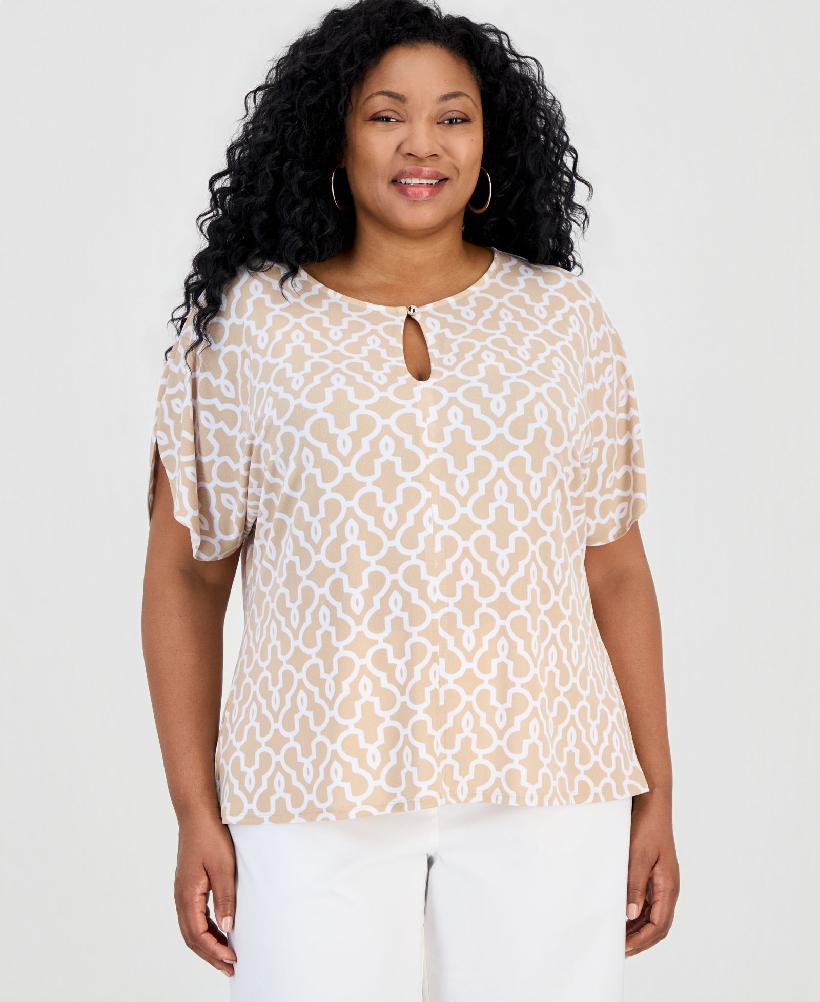 JM Collection Plus Size Lattice-Print Keyhole Dolman-Sleeve Top, Macy's Exclusive