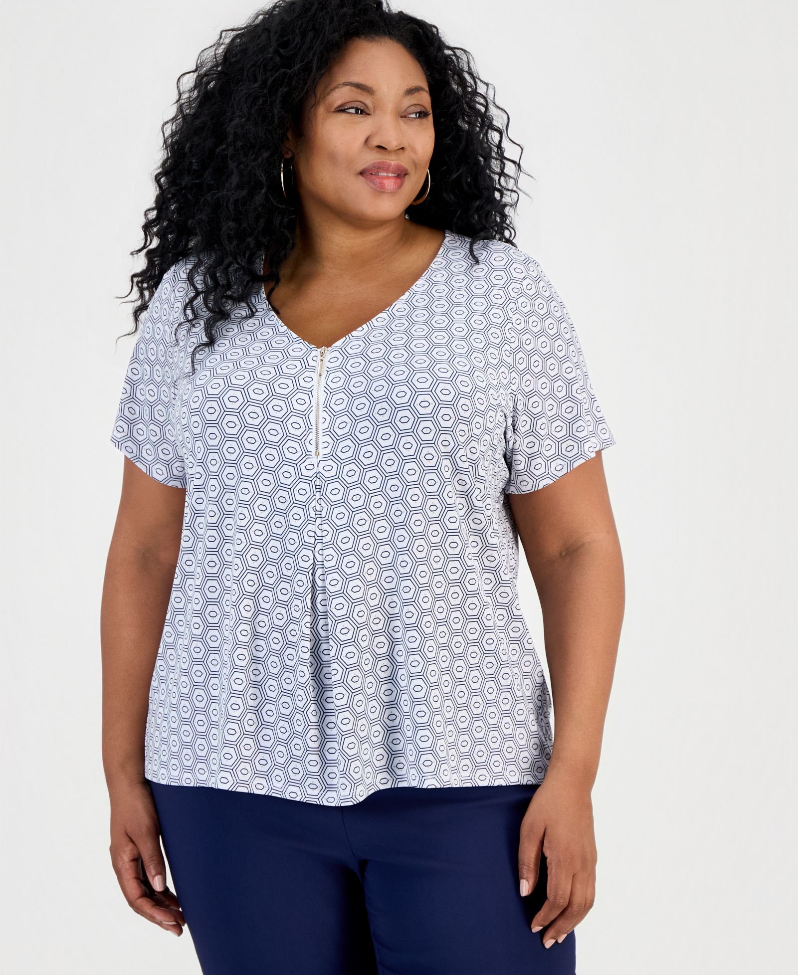 JM Collection Plus Size Simple Tiles V-Neck Zipper Top, Macy's Exclusive