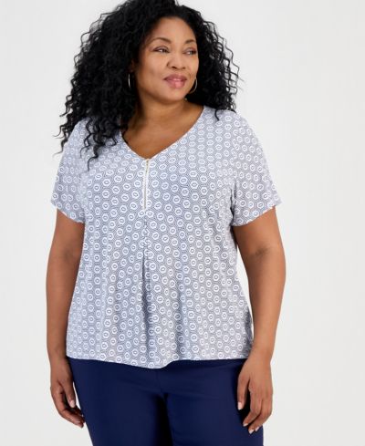 JM Collection Plus Size Simple Tiles V-Neck Zipper Top, Macy's Exclusive