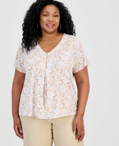 JM Collection Plus Size Dolce Scroll V-Neck Zipper Top, Macy's Exclusive