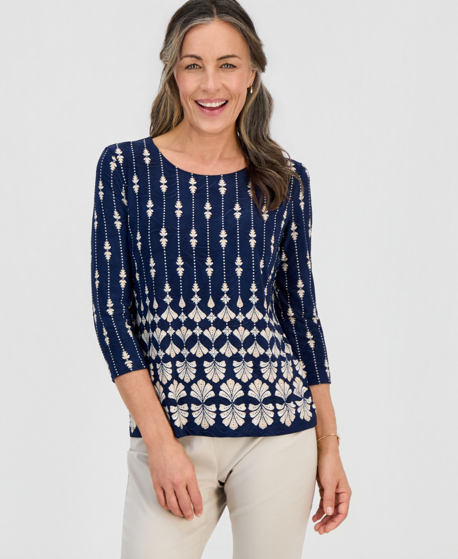 JM Collection Petite Sienna Border 3/4-Sleeve Top, Macy's Exclusive