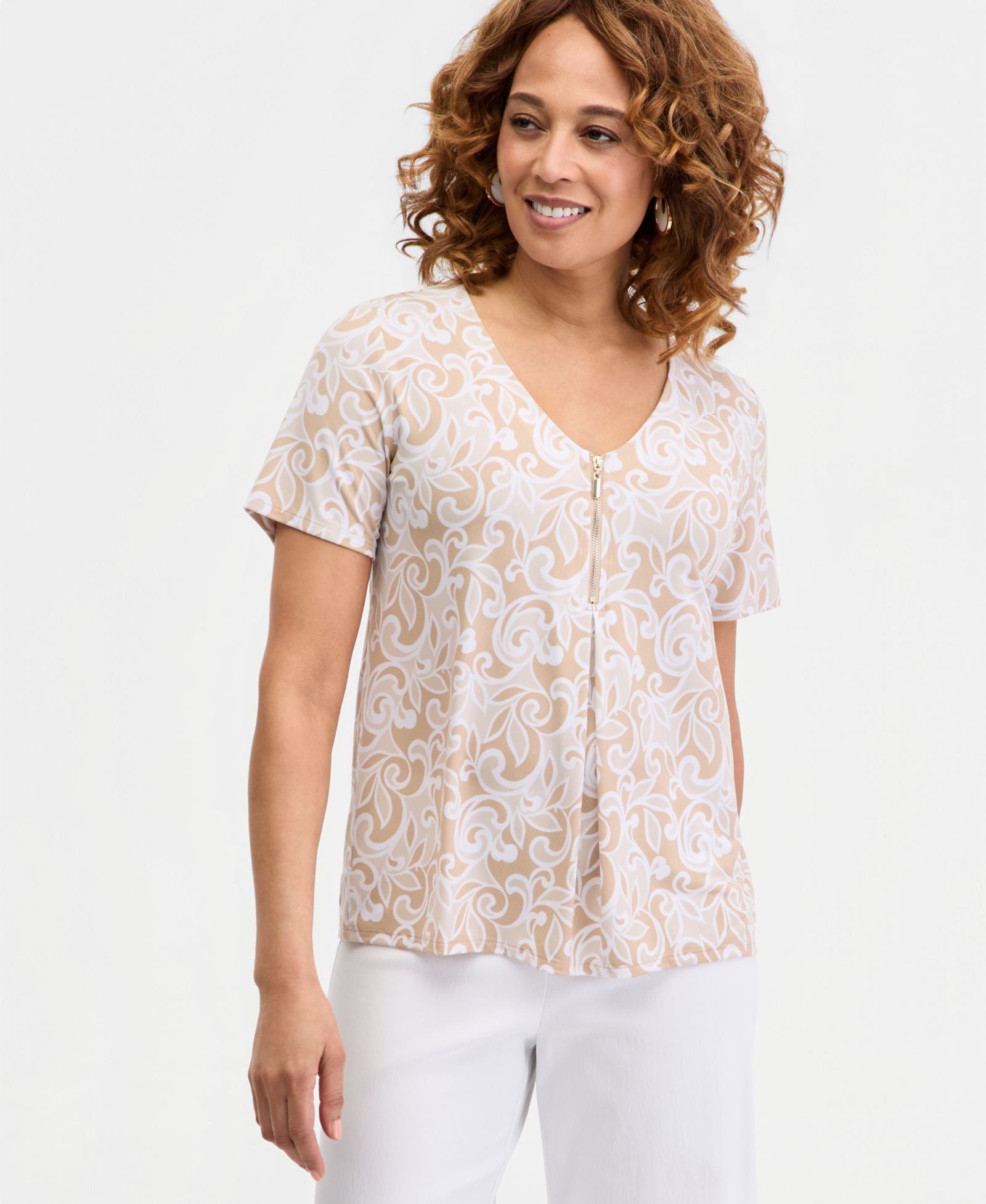 JM Collection Petite Scroll Zipper V-Neck Top, Macy's Exclusive
