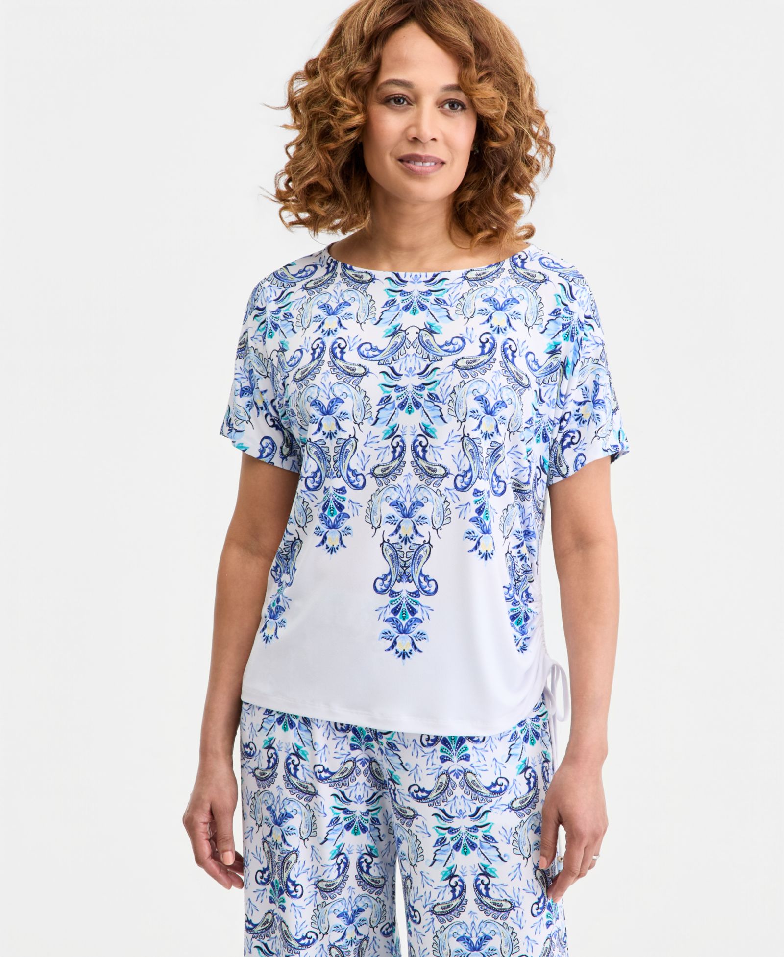 Женский топ JM Collection Printed Side Ruched Boat-Neck