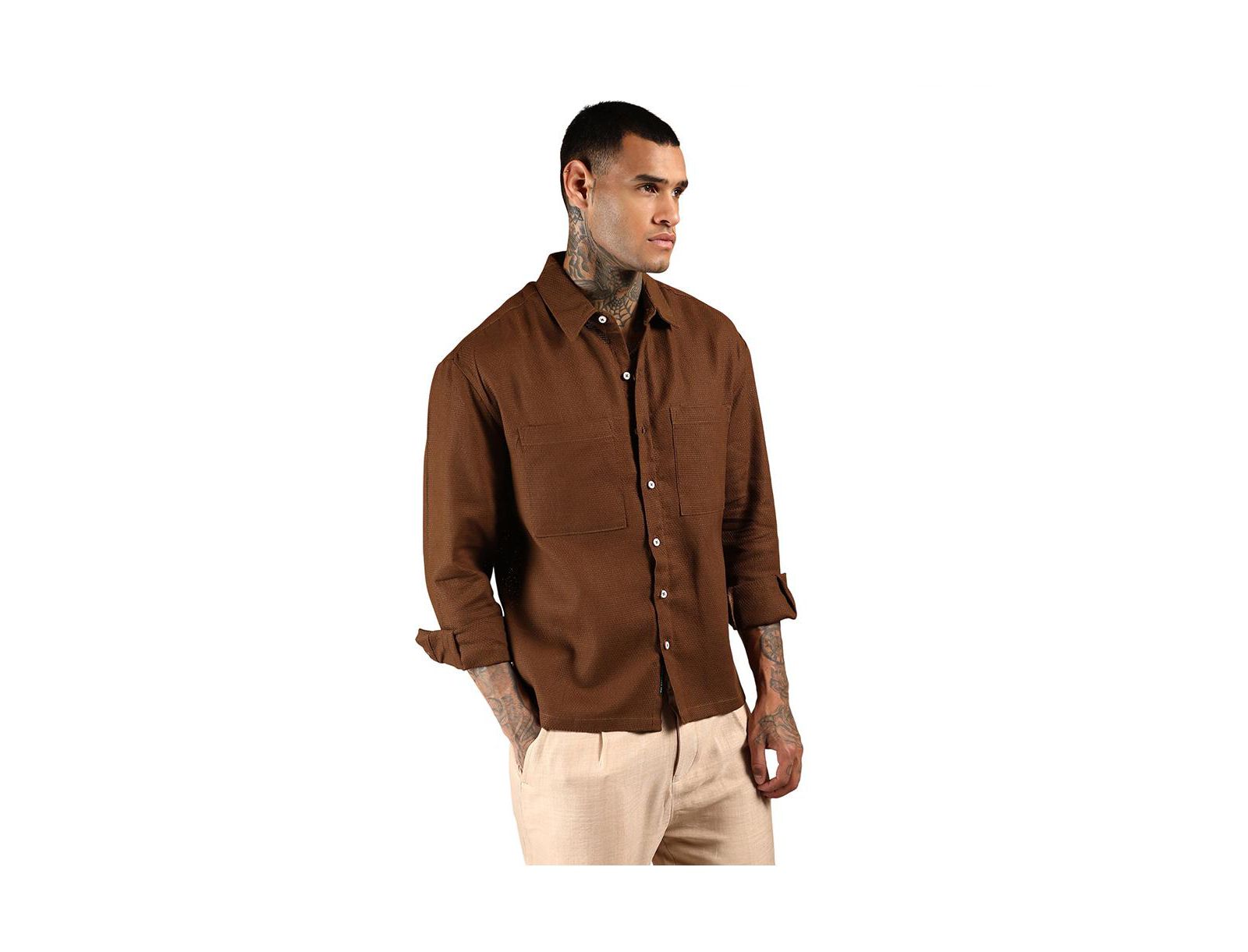 Campus Sutra Men's Chocolate Brown Solid Canvas Utility Shirt
