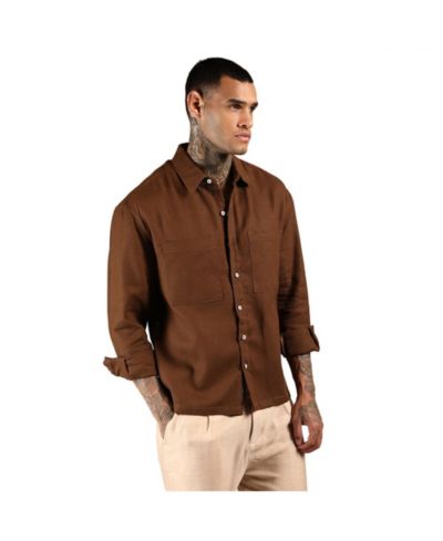 Campus Sutra Men's Chocolate Brown Solid Canvas Utility Shirt