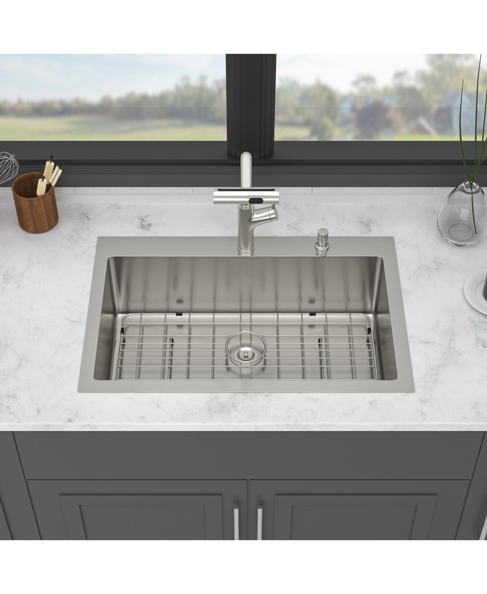 flynama 30x22x10 Inch Drop In Kitchen Sink Single Bowl 16 Gauge T304 Stainless Steel Topmount With Pull Out Faucet And Soap Dispenser