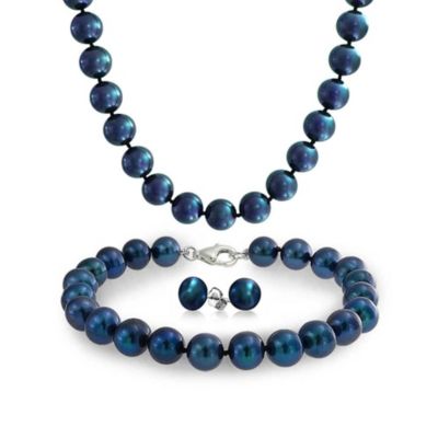 Ювелирный набор из жемчуга Bling Jewelry с павлиньим сине-черным пресноводным культивированным жемчугом: ожерелье, браслет, серьги