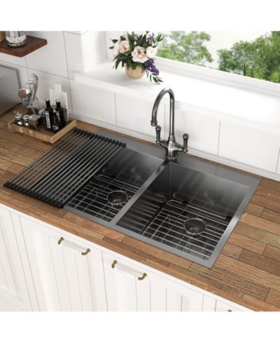 flynama Undermount Kitchen Sink Gunmetal 16G T304 Stainless Steel Ledge Workstation with Full Accessories Nano Plating