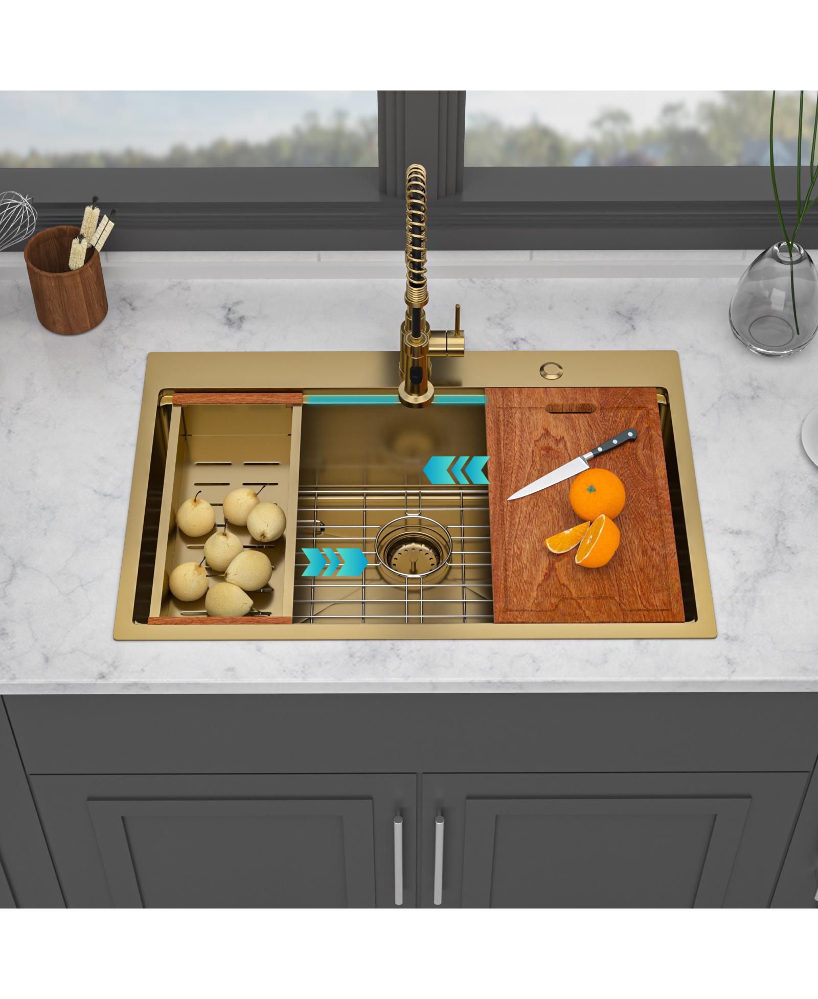 flynama 33x22x10inch Drop in Gold Kitchen Sink Workstation Stainless Steel Single Bowl 16 Gauge
