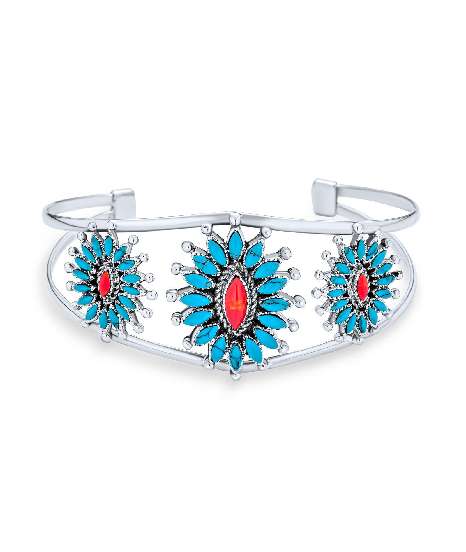 Bling Jewelry Native American Style Red Blue Turquoise Flower Blossom Statement Cuff Bracelet .925 Sterling Silver
