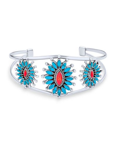 Bling Jewelry Native American Style Red Blue Turquoise Flower Blossom Statement Cuff Bracelet .925 Sterling Silver