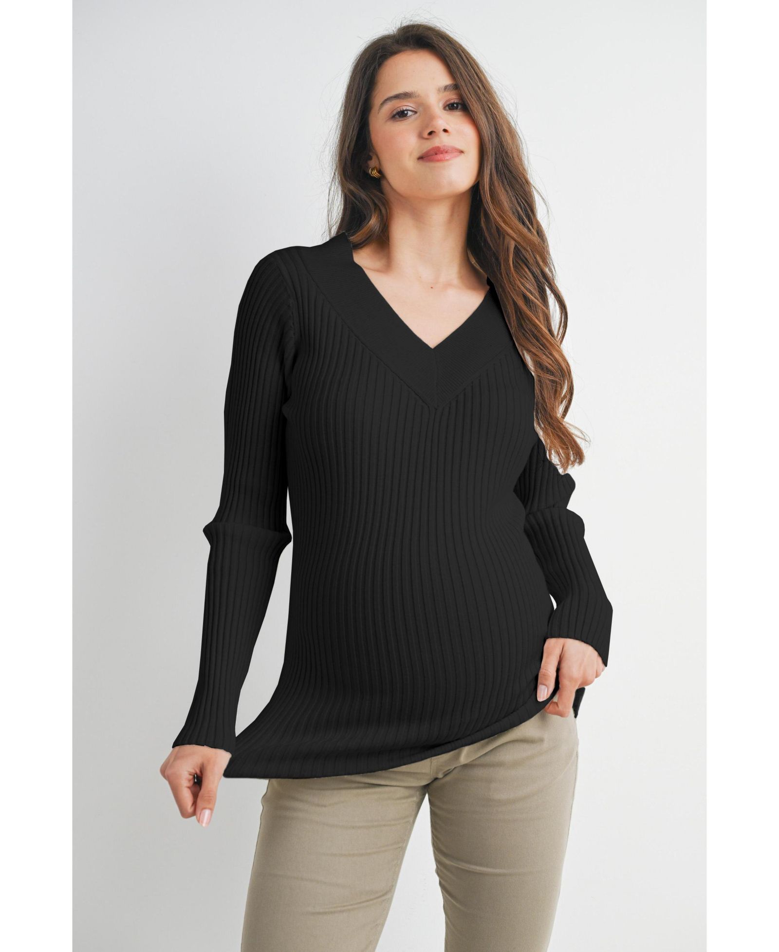 Hello Miz Maternity Ribbed Knit V Neck Long Sleeve Sweater