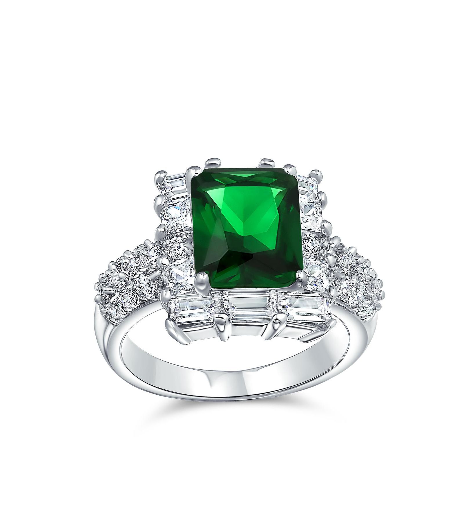 Bling Jewelry Classic Art Deco Style Halo 5CT Cubic Zirconia Emerald Cut Green CZ Statement Ring