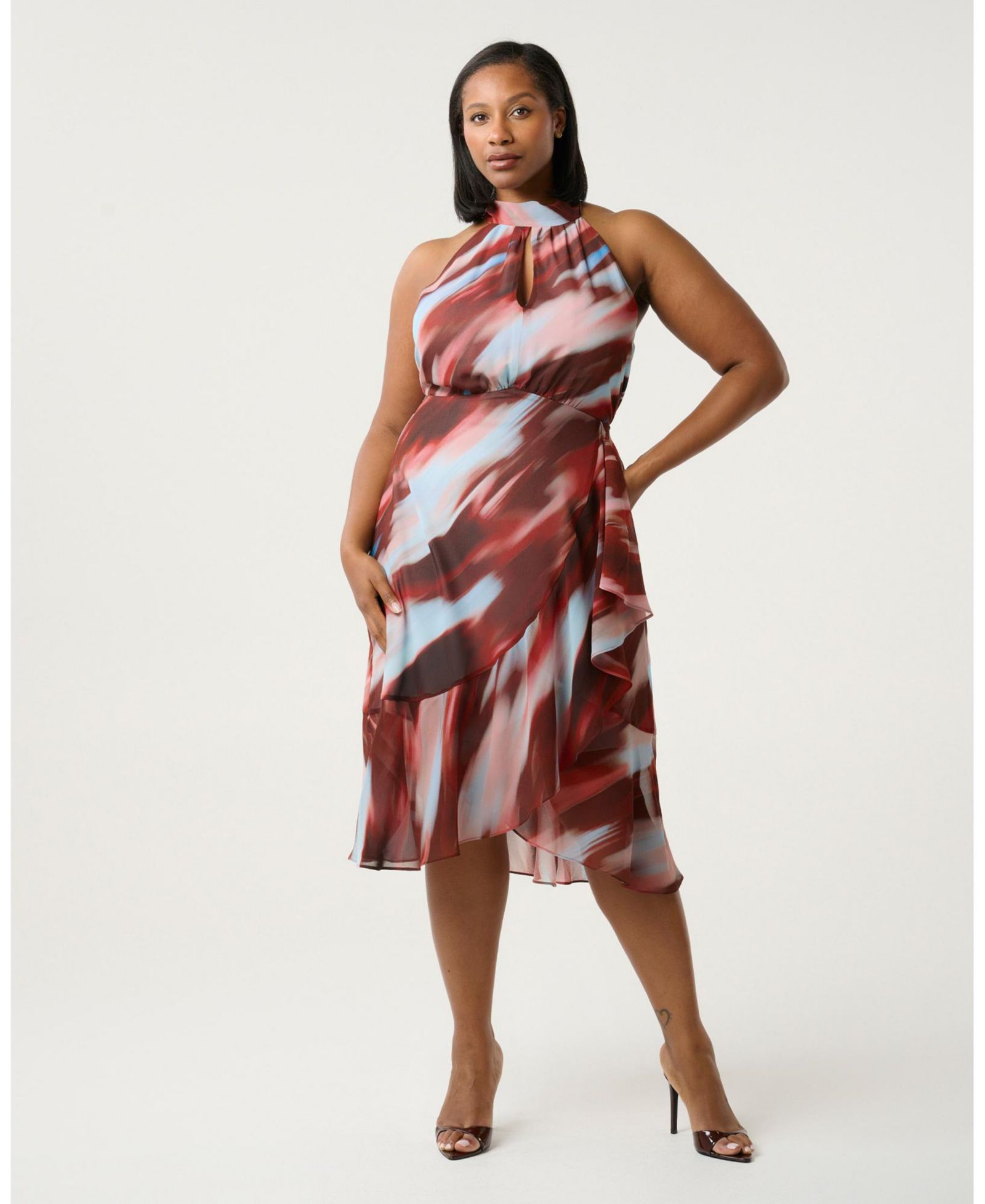 ESTELLE Plus Size Madelena Print Halter Wrap Fit Flare Midi Dress