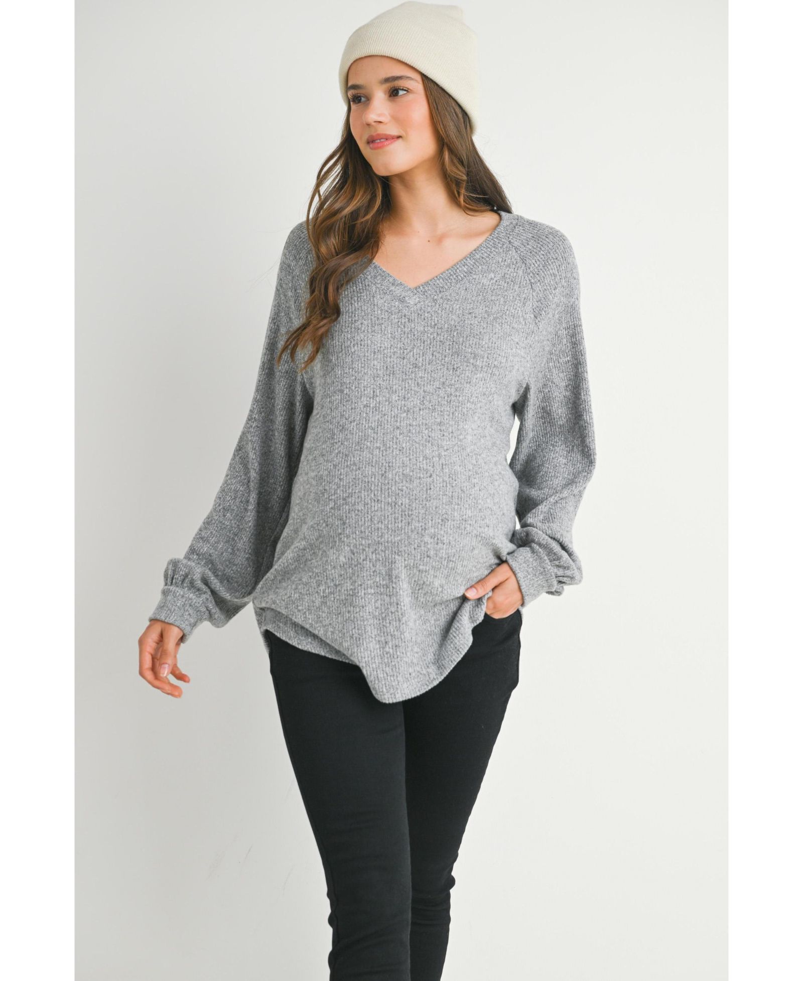 Hello Miz Maternity Ribbed Long Sleeve V Neck Sweater