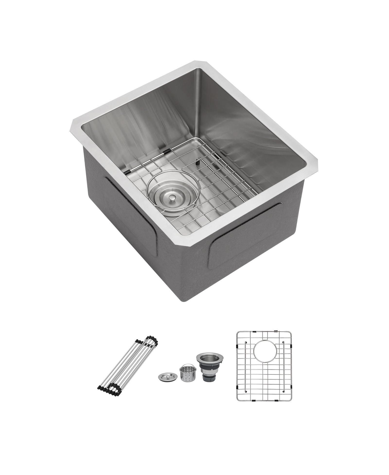 Раковина Flynama 17inch подстольная 16G T304 нержавеющая сталь, одинарная 17x19x10inch, глубокая 10inch для бара с полным комплектом аксессуаров